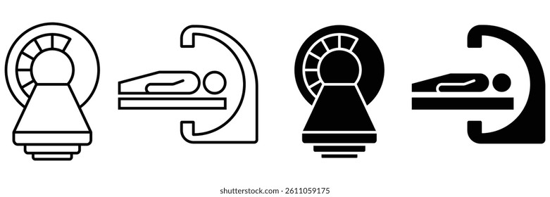 MRI icons vector set. MRI scan sign. Black outlined and flat MRI machine collection illustration.