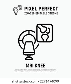 MRI knee scan. Arthritis diagnostics. Thin line icon, pixel perfect, editable stroke. Vector illustration.