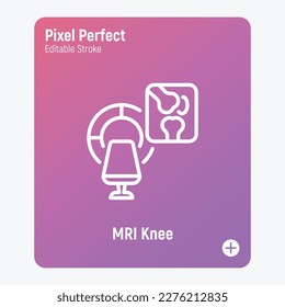 MRI knee scan. Arthritis diagnostics. Thin line icon, pixel perfect, editable stroke. Vector illustration.