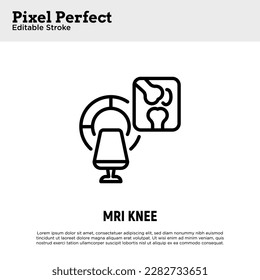 MRI knee scan. Arthritis diagnostics. Thin line icon, pixel perfect, editable stroke. Vector illustration.