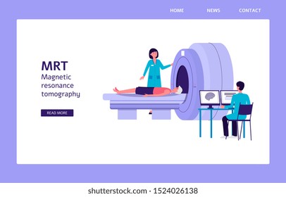 MRI machine - flat cartoon landing page banner with doctor putting patient in magnetic resonance tomography scanner, hospital equipment concept vector illustration.