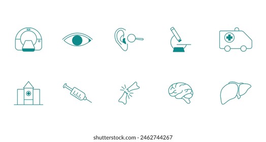 Máquina de la resonancia magnética, ojo humano, examen del oído y más iconos médicos