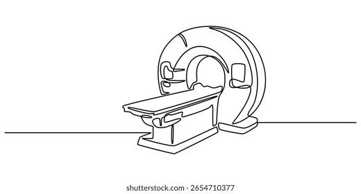 Máquina de resonancia magnética. Una línea, diseño continuo del minimalismo del dibujo de una línea del escáner del CT, dibujo continuo de una línea del escáner del CT, máquina del MRI. Una línea, icono de resonancia magnética. Vector de símbolo dibujado a mano pro.