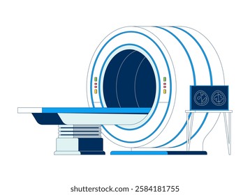 MRI machine with patient table 2D cartoon object. Diagram brain cross sections. Medical technology. Diagnostic scanner isolated element flat vector clipart on white background. Spot illustration