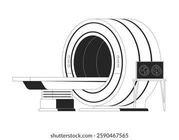 MRI machine with patient table black and white 2D line object. Diagram brain scan. Medical technology. Diagnostic scanner isolated clip art vector outline item. Monochromatic spot illustration