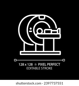 Mri machine pixel perfect white linear icon for dark theme. Computed tomography. Medical scanner. Healthcare technology. Thin line illustration. Isolated symbol for night mode. Editable stroke
