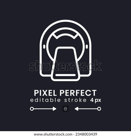 MRI machine white linear desktop icon on black. Medical equipment. Magnetic resonance imaging. Pixel perfect, outline 4px. Isolated user interface symbol for dark theme. Editable stroke