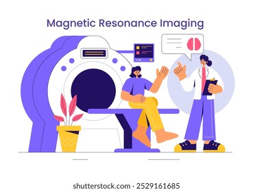 Ilustración de imágenes por resonancia magnética o resonancia magnética con un médico y un paciente durante un examen médico con una máquina de tomografía computarizada en un fondo plano