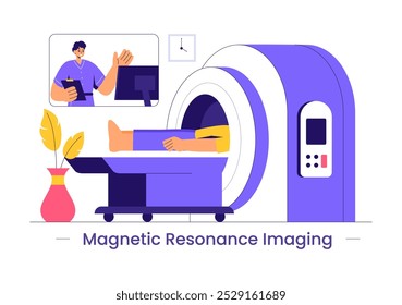 MRI or Magnetic Resonance Imaging Illustration featuring a Doctor and Patient during a Medical Examination with a CT Scan Machine in a Flat Background