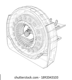 MRI, magnetic resonance imaging machine scanning patient inside. Wire-frame style. Vector 3d rendering
