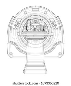 MRT, Magnetresonanztomographie-Maschine Scanner Patient innen. Wire-Frame-Stil. Vektorgrafik 3D