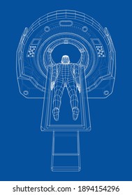 MRI, magnetic resonance imaging machine scanning patient inside. Wire-frame style. Vector 3d rendering