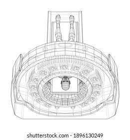 MRI, magnetic resonance imaging machine scanning patient inside. Wire-frame style. Vector 3d rendering