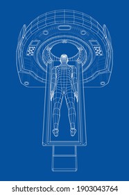 MRI, magnetic resonance imaging machine scanning patient inside. Wire-frame style. Vector 3d rendering