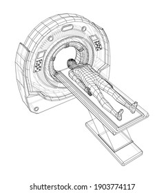 RM, máquina de escaneo de resonancia magnética dentro del paciente. Estilo de marco de cables. Representación del vector 3d