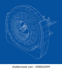 MRI, magnetic resonance imaging machine scanning patient inside. Wire-frame style. Vector 3d rendering