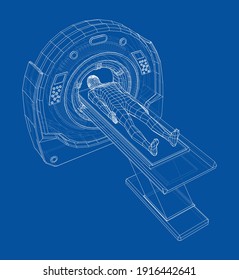 MRI, magnetic resonance imaging machine scanning patient inside. Wire-frame style. Vector 3d rendering