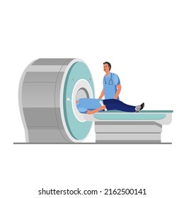 MRI is a magnetic resonance imaging machine scanning a patient inside under the supervision of a doctor's side view. Vector svg
