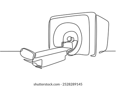 MRI o máquina de imágenes por resonancia magnética dibujo de línea continua. Concepto sanitario. Ilustración vectorial minimalista aislada sobre fondo blanco.