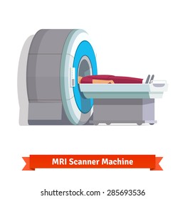 MRI, magnetic resonance imaging machine scanning patient inside. Side view. Flat vector icon.