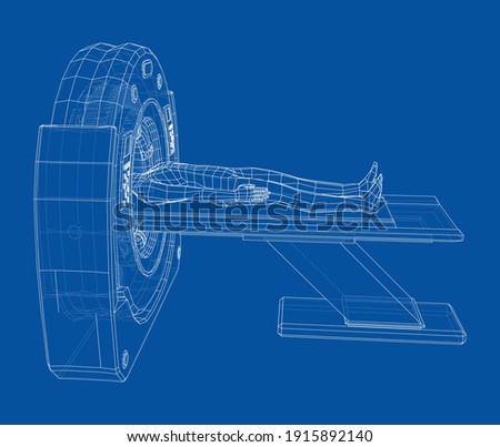 MRI, magnetic resonance imaging machine scanning patient inside. Wire-frame style. Vector 3d rendering