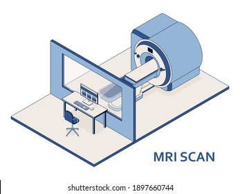 MRI or Magnetic resonance imaging scan device. Medical equipment and health care. Interior of Radiography Department with MRI scanner in hospital. Vector illustration.