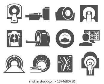 MRI Medical Machine Practice Black Icon Set. Magnetic Resonance Imaging Symbols. Vector Flat Illustration On White Background