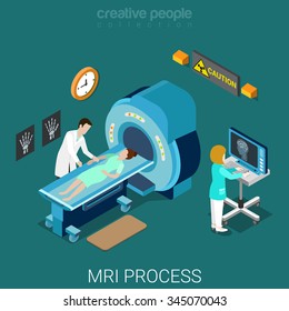 MRI process flat 3d isometry isometric hospital medical concept web vector illustration. Nuclear magnetic resonance imaging tomography room interior. Creative people collection.