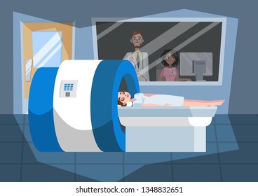 MRI process. Hospital interior. Young woman lying in the MRI machine. Doctor making magnetic resonance imaging. Medical observation and healthcare. Vector illustration in cartoon style