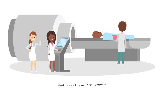 MRI process. Young child lying in the MRI machine. Doctor making magnetic resonance imaging. Medical observation and healthcare. Vector flat illustration