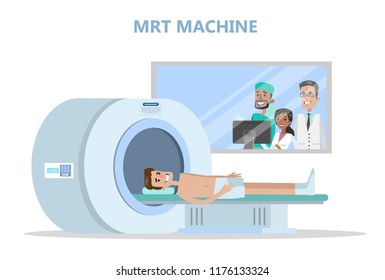 MRI process. Young man lying in the MRI machine. Doctor making magnetic resonance imaging. Medical observation and healthcare. Vector flat illustration