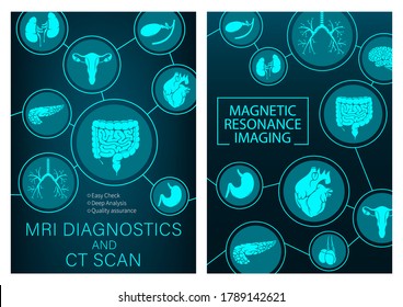 MRI Research Of Organs Medicine. Vector Magnetic Resonance Imaging Medical Diagnostic. Healthcare Clinic Radiology, MRI Analysis, Diagnostics Of Digestive, Respiratory And Urogenital System Posters