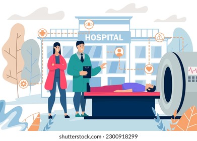 MRI room medicine concept with people scene in the flat cartoon style. Doctors perform an autopsy on the man to find out why he fell ill. Vector illustration.