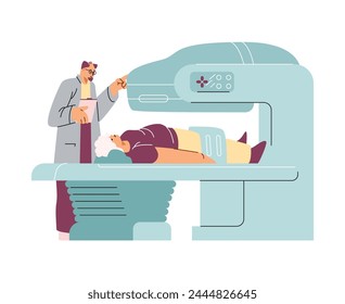 Una resonancia del cuerpo. Ilustración vectorial de un médico y una paciente anciana con equipo de resonancia magnética. Radiología médica para el diagnóstico en el ámbito hospitalario.