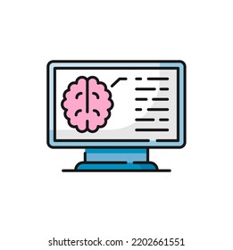 MRI Scan Diagnostic Icon, Brain CT Or Radiology Scanner On Medical Display, Vector Tomography. MRI Or Magnetic Resonance Imaging Symbol And Head Health Examination On Computer Monitor