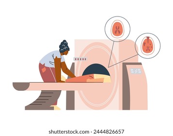 MRI scan and diagnostics vector illustration. Magnetic resonance imaging of brain. Ct xray computed tomography scanner machine, medical examination patient on magnetic radiology ray technology