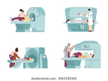 Ilustraciones vectoriales de diagnóstico y escáner MRI establecidas. Resonancia magnética. Máquina de escáner de diagnóstico por tomografía computarizada. Examen médico del paciente en la prueba de tecnología de rayos magnéticos