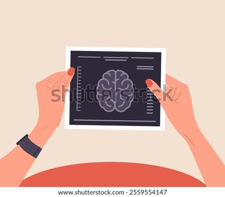 MRI scan. Female hands holding result of X-ray or MRI examination. Brain diseases concept. Vector illustration in flat cartoon style.