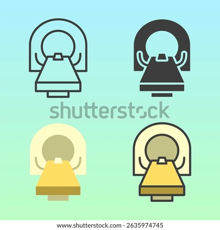 MRI scan figures with medical patients inside scanning devices in flat and outline styles, illustrating diagnostics, perfect for radiology or hospital signage.