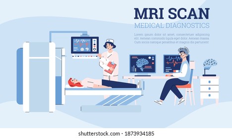 Anuncio del método de diagnóstico medial de la resonancia magnética con personajes de dibujos animados de médicos y pacientes, ilustración vectorial de dibujos planos. Salud corporal y diagnóstico de enfermedades con RM.