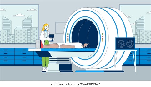 MRI scan patient flat illustration. Radiologist supervising man lying for xray brain 2D characters cartoon background. Diagnosis CT. Scanner magnetic resonance imaging scene vector storytelling image