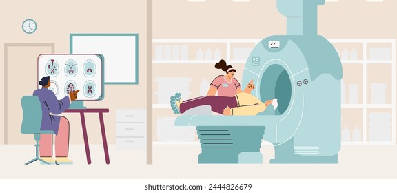 MRI scan procedure and diagnostics in clinic vector illustration. Magnetic resonance imaging of scanning body on screen. Doctor medical examination patient on magnetic radiology computed tomography