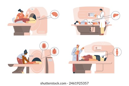 MRI scan procedure and diagnostics vector illustrations set. Magnetic resonance imaging. Ct xray computed tomography scanner machine. Medical examination patient on magnetic radiology ray technology