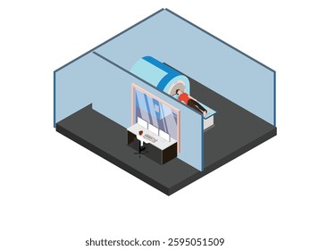 MRI Scan Room with Patient and Radiology Technician Monitoring the Procedure 3d flat vector illustrations