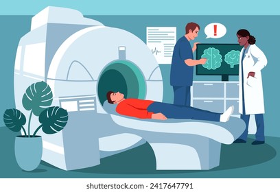 MRI scan therapy in clinic room. Doctor visiting patient on diagnosis. Nurse with doctor looking a picture of the brain on the monitor. Hospital health care use apparatus. Flat Vector illustration