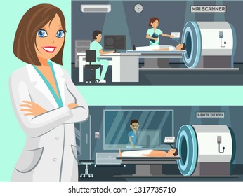 MRI Scanner, Body X-Ray Flat Vector Illustration. Hospital Room inside Interior. Doctor, Nurse in White Coat Cartoon Character. Healthcare Color Poster, Banner Idea. Medical Examination Clipart