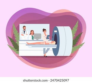 Examen de escáner de MRI. Tomografía por resonancia magnética, paciente, doctor Ilustración vectorial plana. Tratamiento, laboratorio, investigación, concepto de tumor para Anuncio, diseño de Sitio web o página de Web de aterrizaje