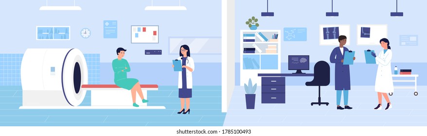 Mri scanner examination vector illustration. Cartoon flat medical scan hospital lab room with Mri machine, doctor characters exam patient, discuss diagnosis and treatment. Medicine research background