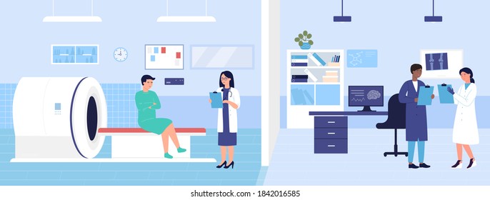 Mri scanner examination vector illustration. Cartoon flat medical scan hospital lab room with Mri machine, doctor characters exam patient, discuss diagnosis and treatment. Medicine research background