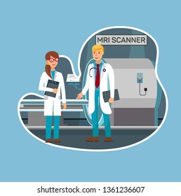 MRI Scanner in Hospital Flat Vector Illustration. Happy Doctors Cartoon Characters. Radiographer Talking to Therapist, Physician. Body Scanning Machine. Hospital, Clinic, first aid